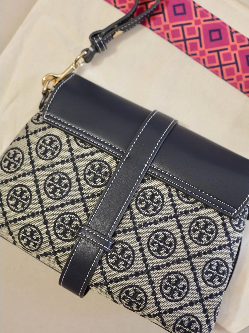 Tory Burch Navy & Beige Crossbody Bag with Gold Buckle